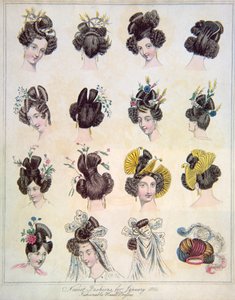 Últimas modas para enero de 1831, tocados de moda del Vol VIII de El Mundo de la Moda y Fenilletons Continentales, pub. 1831 de English School